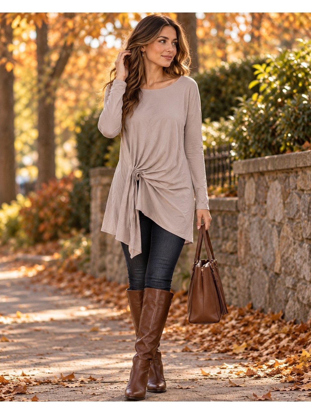 COS Asymmetrical Knot Detail Long Sleeve Blouse in Beige, Size M